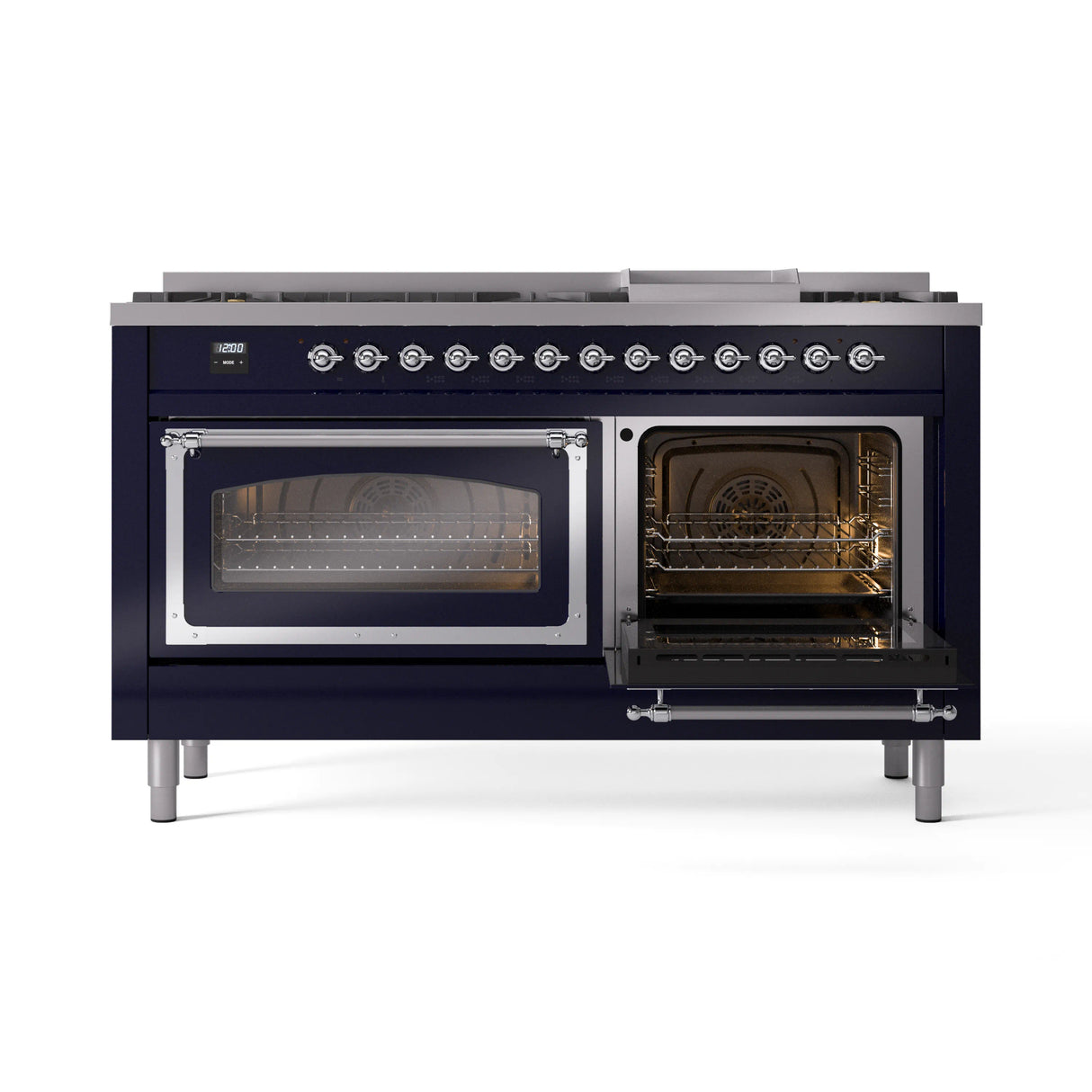 ILVE 60-Inch Nostalgie II Noblesse Propane Gas Dual Fuel Range with 9 Sealed Burners, Griddle, Triple Glass Door Oven in Midnight Blue with Chrome Trim (UN60FNMPMBCLP)
