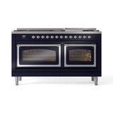 ILVE 60-Inch Nostalgie II Noblesse Propane Gas Dual Fuel Range with 9 Sealed Burners, Griddle, Triple Glass Door Oven in Midnight Blue with Chrome Trim (UN60FNMPMBCLP)