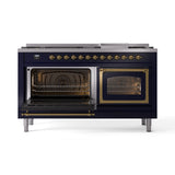 ILVE 60-Inch Nostalgie II Noblesse Propane Gas Dual Fuel Range with 9 Sealed Burners, Griddle, Triple Glass Door Oven in Midnight Blue with Brass Trim (UN60FNMPMBGLP)