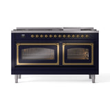 ILVE 60-Inch Nostalgie II Noblesse Propane Gas Dual Fuel Range with 9 Sealed Burners, Griddle, Triple Glass Door Oven in Midnight Blue with Brass Trim (UN60FNMPMBGLP)