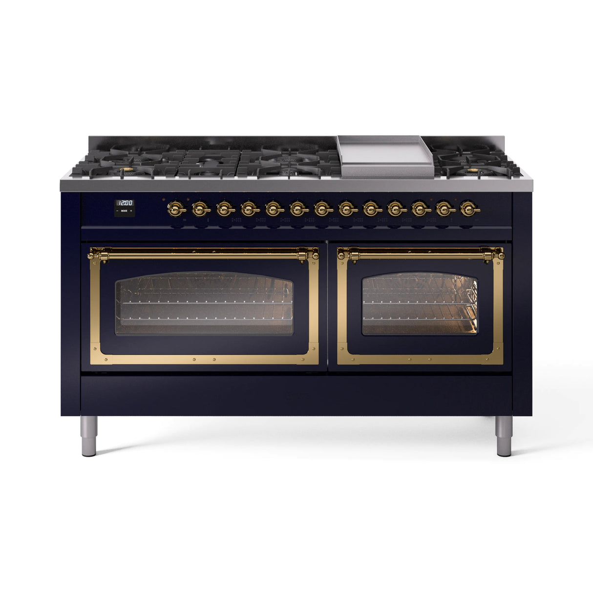 ILVE 60-Inch Nostalgie II Noblesse Propane Gas Dual Fuel Range with 9 Sealed Burners, Griddle, Triple Glass Door Oven in Midnight Blue with Brass Trim (UN60FNMPMBGLP)