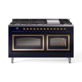 ILVE 60-Inch Nostalgie II Noblesse Natural Gas Dual Fuel Range   in Midnight Blue with Brass Trim (UN60FNMPMBG)