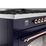 ILVE 60-Inch Nostalgie II Natural Gas Dual Fuel Range with 9 Burners, Griddle and Triple Glass Door Oven in Midnight Blue with Copper Trim (UP60FNMPMBP)