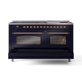ILVE 60-Inch Nostalgie II Natural Gas Dual Fuel Range with 9 Burners, Griddle and Triple Glass Door Oven in Midnight Blue with Copper Trim (UP60FNMPMBP)