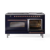 ILVE 60-Inch Nostalgie II Natural Gas Dual Fuel Range with 9 Burners, Griddle and Triple Glass Door Oven in Midnight Blue with Copper Trim (UP60FNMPMBP)
