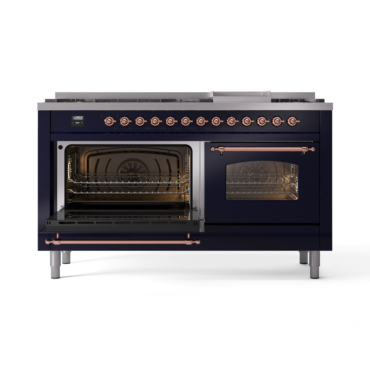 ILVE 60-Inch Nostalgie II Natural Gas Dual Fuel Range with 9 Burners, Griddle and Triple Glass Door Oven in Midnight Blue with Copper Trim (UP60FNMPMBP)