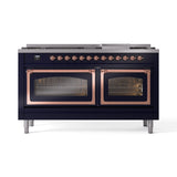 ILVE 60-Inch Nostalgie II Noblesse Propane Gas Dual Fuel Range with 9 Sealed Burners, Griddle, Triple Glass Door Oven in Midnight Blue with Copper Trim (UN60FNMPMBPLP)
