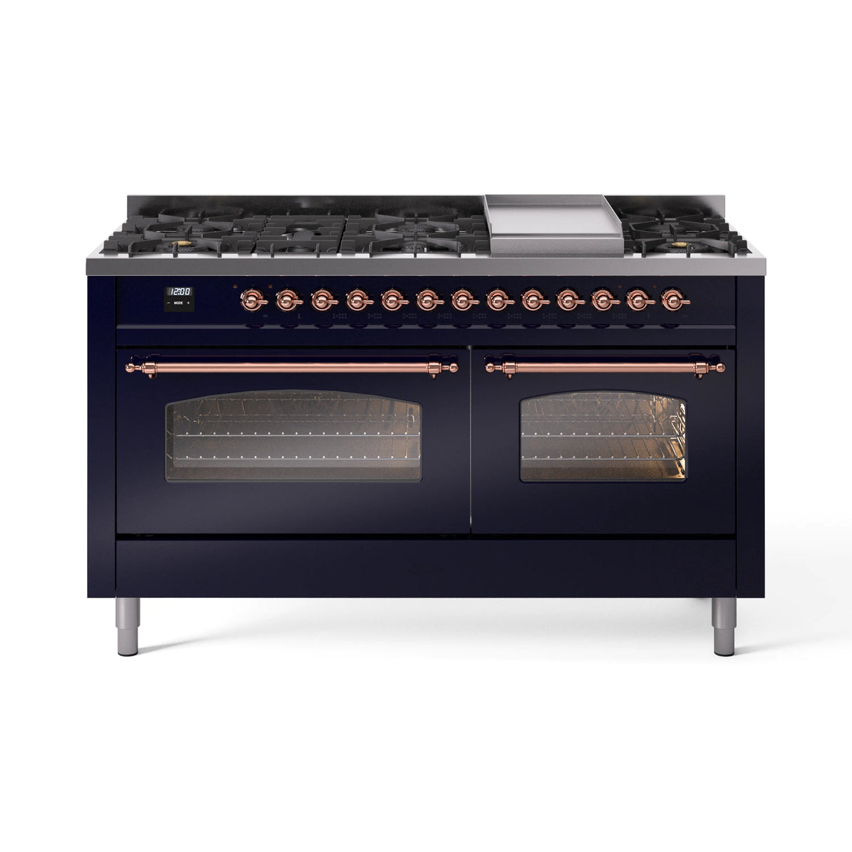 ILVE 60-Inch Nostalgie II Natural Gas Dual Fuel Range with 9 Burners, Griddle and Triple Glass Door Oven in Midnight Blue with Copper Trim (UP60FNMPMBP)