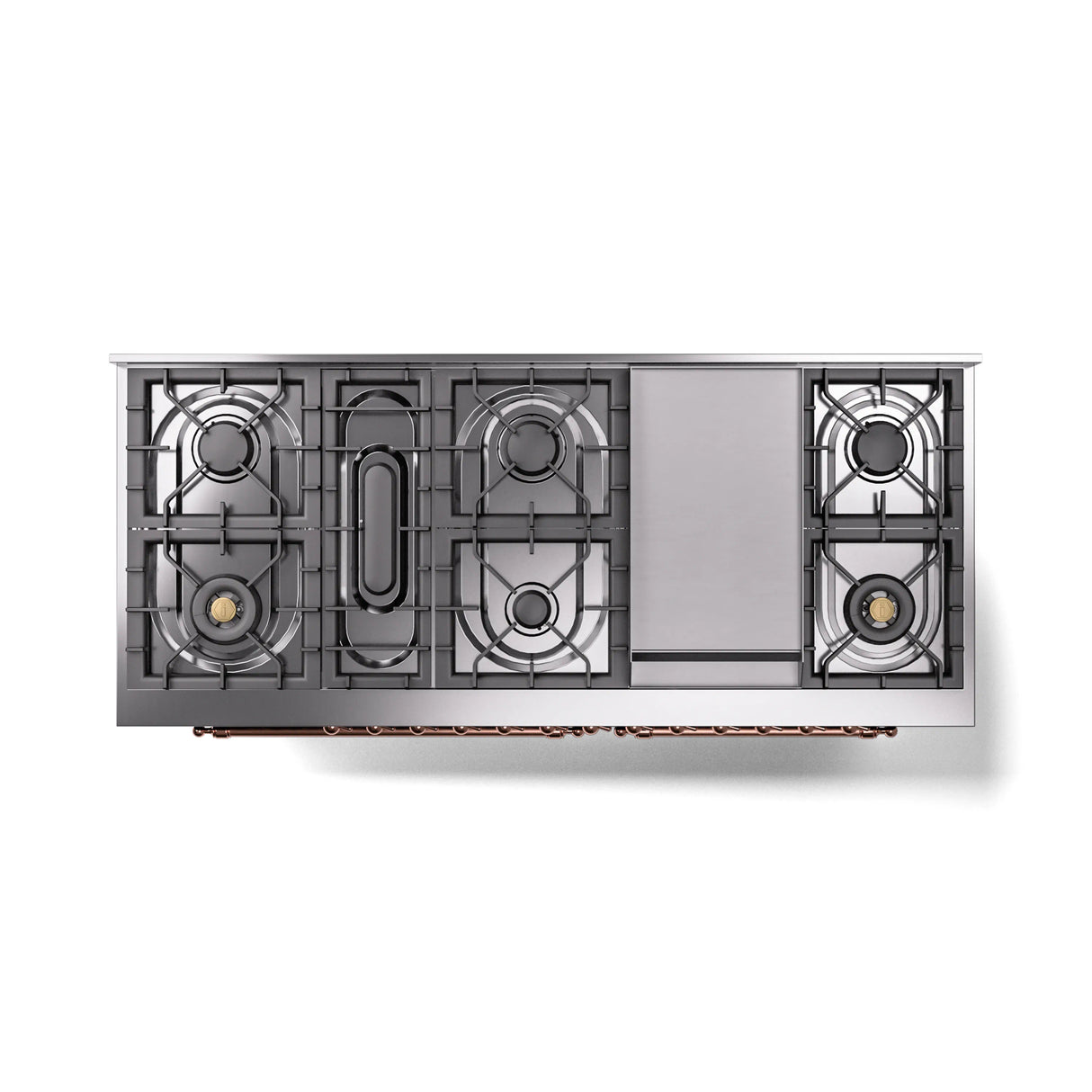 ILVE 60-Inch Nostalgie II Natural Gas Dual Fuel Range with 9 Burners, Griddle and Triple Glass Door Oven in Midnight Blue with Copper Trim (UP60FNMPMBP)