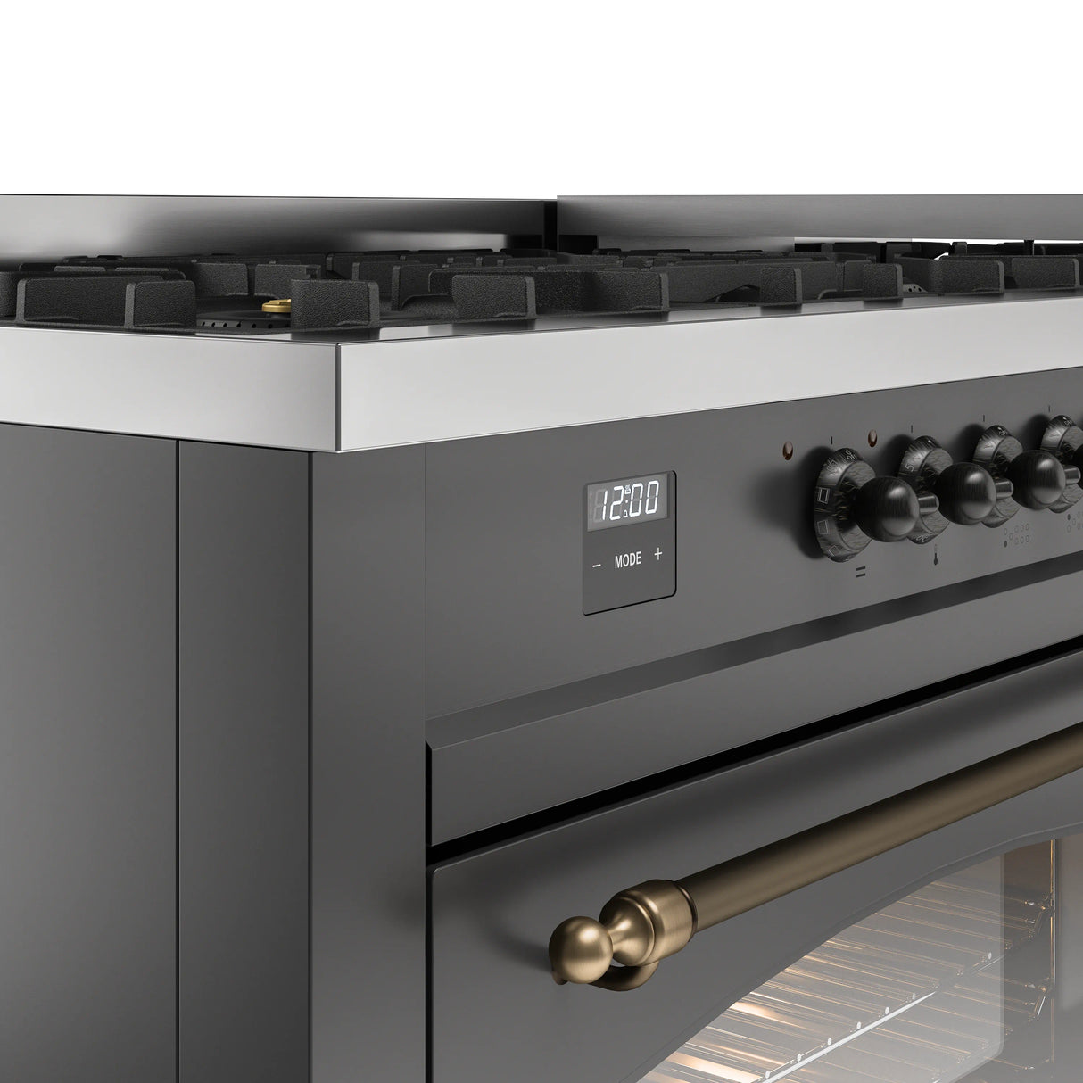 ILVE 60-Inch Nostalgie II Natural Gas Dual Fuel Range with 9 Burners, Griddle and Triple Glass Door Oven in Matte Graphite with Bronze Trim (UP60FNMPMGB)