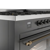 ILVE 60-Inch Nostalgie II Natural Gas Dual Fuel Range with 9 Burners, Griddle and Triple Glass Door Oven in Matte Graphite with Bronze Trim (UP60FNMPMGB)