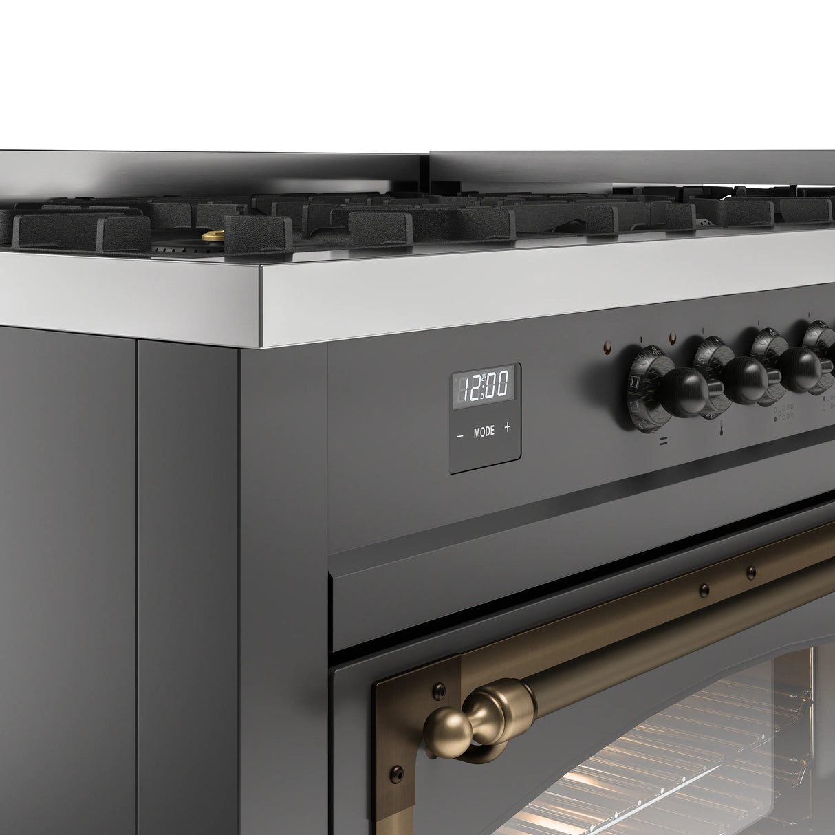 ILVE 60-Inch Nostalgie II Noblesse Propane Gas Dual Fuel Range with 9 Sealed Burners, Griddle, Triple Glass Door Oven in Matte Graphite with Bronze Trim (UN60FNMPMGBLP)