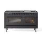 ILVE 60-Inch Nostalgie II Natural Gas Dual Fuel Range with 9 Burners, Griddle and Triple Glass Door Oven in Matte Graphite with Bronze Trim (UP60FNMPMGB)
