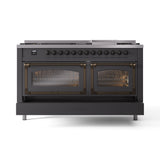 ILVE 60-Inch Nostalgie II Noblesse Propane Gas Dual Fuel Range with 9 Sealed Burners, Griddle, Triple Glass Door Oven in Matte Graphite with Bronze Trim (UN60FNMPMGBLP)