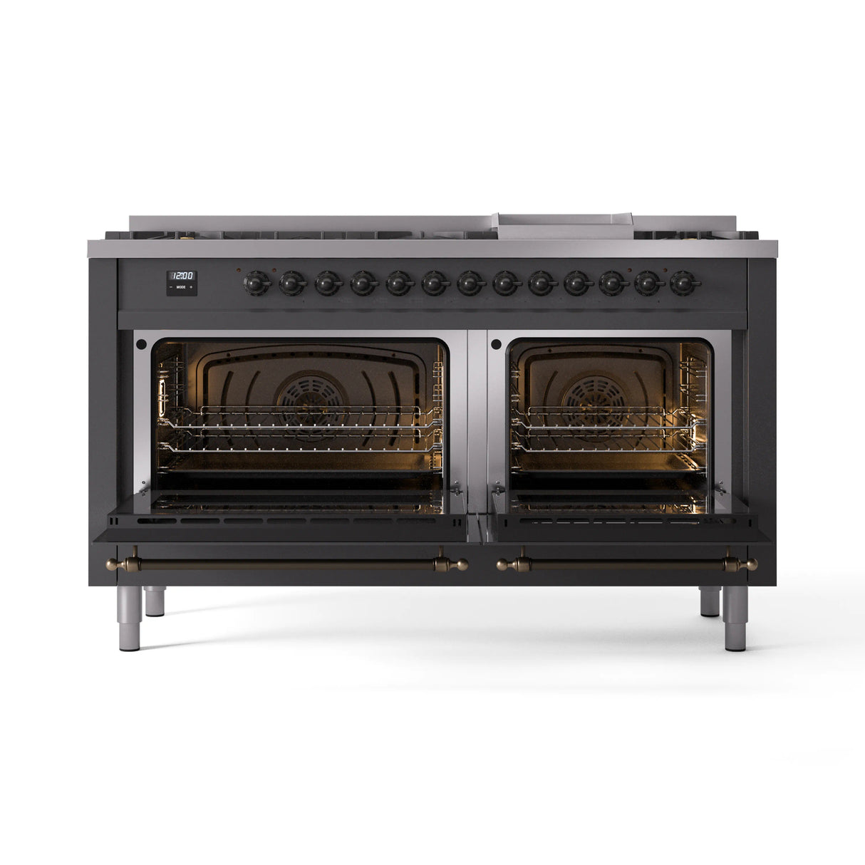ILVE 60-Inch Nostalgie II Natural Gas Dual Fuel Range with 9 Burners, Griddle and Triple Glass Door Oven in Matte Graphite with Bronze Trim (UP60FNMPMGB)