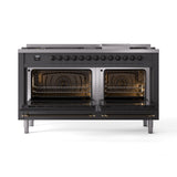 ILVE 60-Inch Nostalgie II Natural Gas Dual Fuel Range with 9 Burners, Griddle and Triple Glass Door Oven in Matte Graphite with Bronze Trim (UP60FNMPMGB)