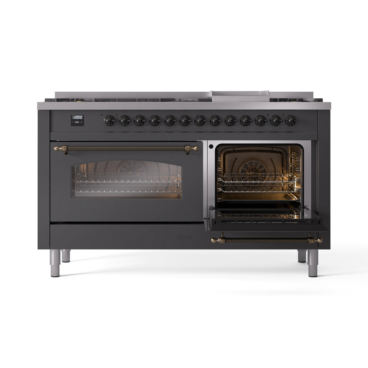 ILVE 60-Inch Nostalgie II Natural Gas Dual Fuel Range with 9 Burners, Griddle and Triple Glass Door Oven in Matte Graphite with Bronze Trim (UP60FNMPMGB)