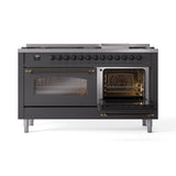 ILVE 60-Inch Nostalgie II Natural Gas Dual Fuel Range with 9 Burners, Griddle and Triple Glass Door Oven in Matte Graphite with Bronze Trim (UP60FNMPMGB)