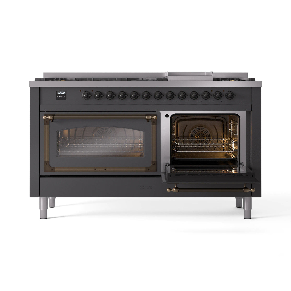 ILVE 60-Inch Nostalgie II Noblesse Propane Gas Dual Fuel Range with 9 Sealed Burners, Griddle, Triple Glass Door Oven in Matte Graphite with Bronze Trim (UN60FNMPMGBLP)