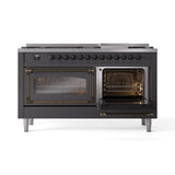 ILVE 60-Inch Nostalgie II Noblesse Propane Gas Dual Fuel Range with 9 Sealed Burners, Griddle, Triple Glass Door Oven in Matte Graphite with Bronze Trim (UN60FNMPMGBLP)