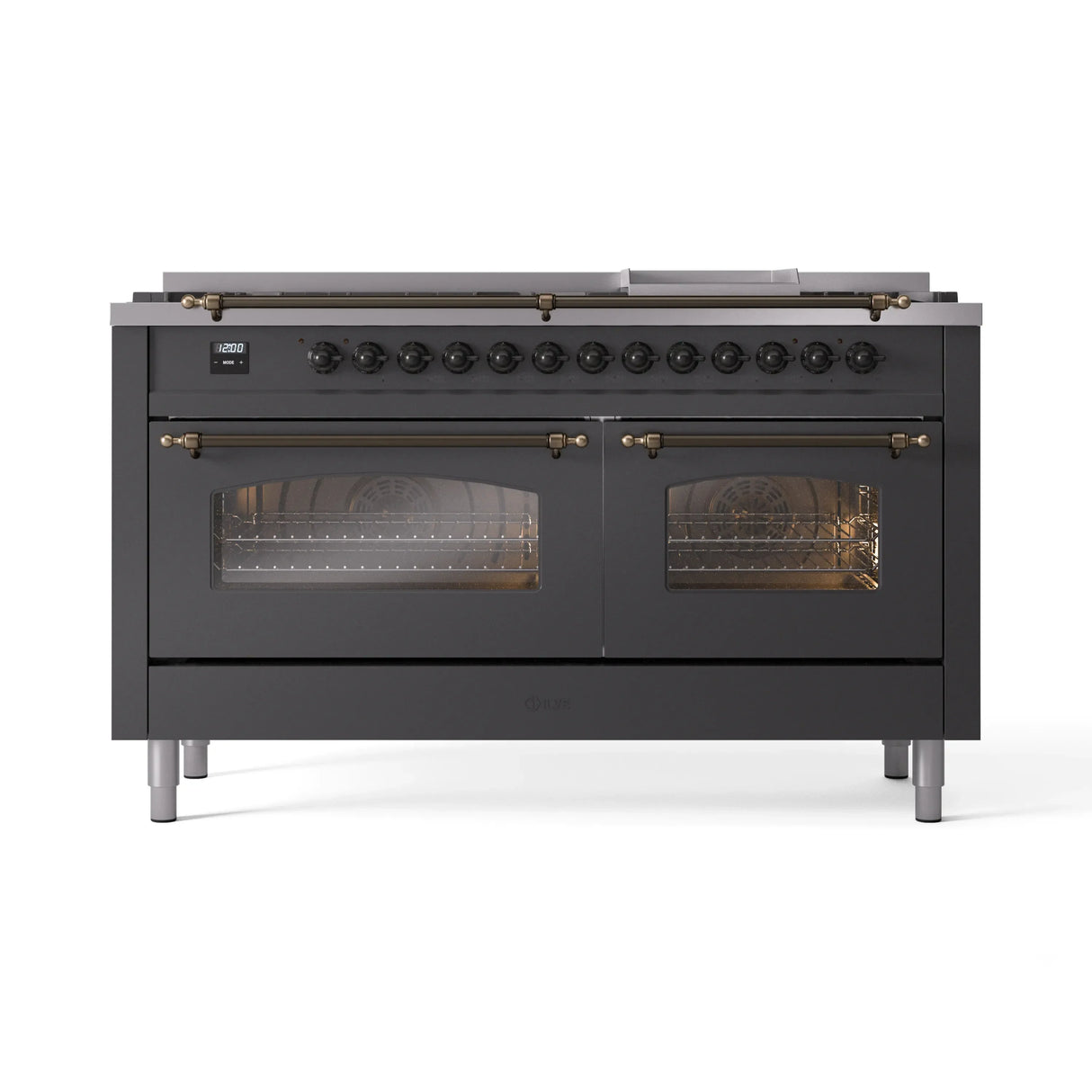 ILVE 60-Inch Nostalgie II Natural Gas Dual Fuel Range with 9 Burners, Griddle and Triple Glass Door Oven in Matte Graphite with Bronze Trim (UP60FNMPMGB)