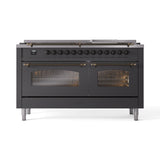 ILVE 60-Inch Nostalgie II Natural Gas Dual Fuel Range with 9 Burners, Griddle and Triple Glass Door Oven in Matte Graphite with Bronze Trim (UP60FNMPMGB)