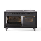 ILVE 60-Inch Nostalgie II Natural Gas Dual Fuel Range with 9 Burners, Griddle and Triple Glass Door Oven in Matte Graphite with Bronze Trim (UP60FNMPMGB)