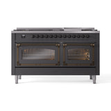 ILVE 60-Inch Nostalgie II Noblesse Propane Gas Dual Fuel Range with 9 Sealed Burners, Griddle, Triple Glass Door Oven in Matte Graphite with Bronze Trim (UN60FNMPMGBLP)