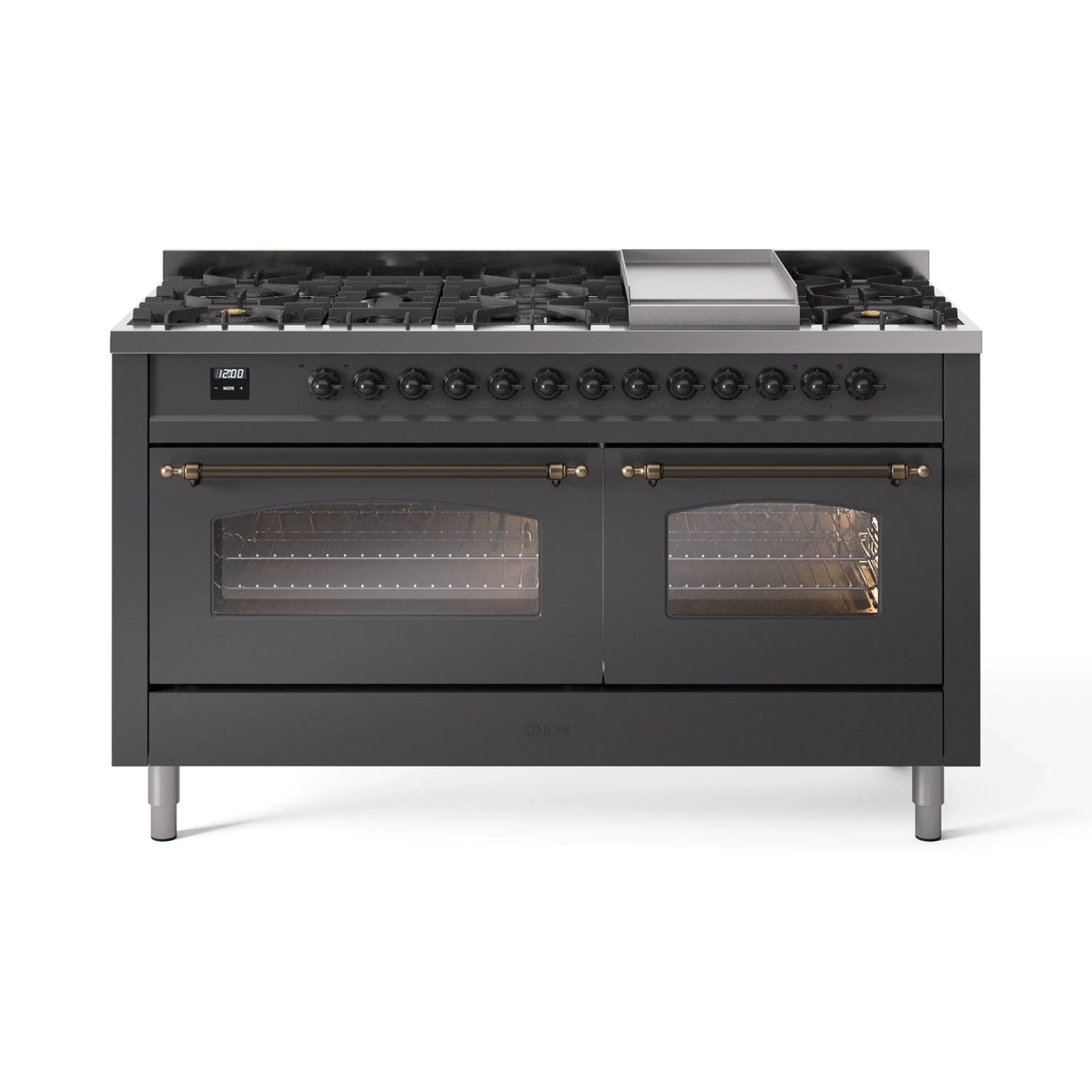 ILVE 60-Inch Nostalgie II Natural Gas Dual Fuel Range with 9 Burners, Griddle and Triple Glass Door Oven in Matte Graphite with Bronze Trim (UP60FNMPMGB)