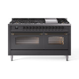 ILVE 60-Inch Nostalgie II Natural Gas Dual Fuel Range with 9 Burners, Griddle and Triple Glass Door Oven in Matte Graphite with Bronze Trim (UP60FNMPMGB)