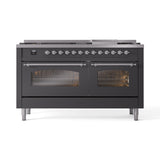 ILVE 60-Inch Nostalgie II Propane Gas Dual Fuel Range with 9 Burners, Griddle and Triple Glass Door Oven in Matte Graphite with Chrome Trim (UP60FNMPMGCLP)