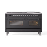 ILVE 60-Inch Nostalgie II Natural Gas Dual Fuel Range with 9 Burners, Griddle and Triple Glass Door Oven in Matte Graphite with Chrome Trim (UP60FNMPMGC)