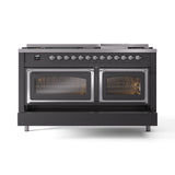 ILVE 60-Inch Nostalgie II Noblesse Propane Gas Dual Fuel Range with 9 Sealed Burners, Griddle, Triple Glass Door Oven in Matte Graphite with Chrome Trim (UN60FNMPMGCLP)