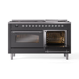 ILVE 60-Inch Nostalgie II Natural Gas Dual Fuel Range with 9 Burners, Griddle and Triple Glass Door Oven in Matte Graphite with Chrome Trim (UP60FNMPMGC)
