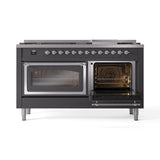 ILVE 60-Inch Nostalgie II Noblesse Propane Gas Dual Fuel Range with 9 Sealed Burners, Griddle, Triple Glass Door Oven in Matte Graphite with Chrome Trim (UN60FNMPMGCLP)