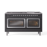 ILVE 60-Inch Nostalgie II Noblesse Propane Gas Dual Fuel Range with 9 Sealed Burners, Griddle, Triple Glass Door Oven in Matte Graphite with Chrome Trim (UN60FNMPMGCLP)