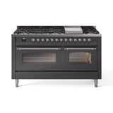 ILVE 60-Inch Nostalgie II Propane Gas Dual Fuel Range with 9 Burners, Griddle and Triple Glass Door Oven in Matte Graphite with Chrome Trim (UP60FNMPMGCLP)