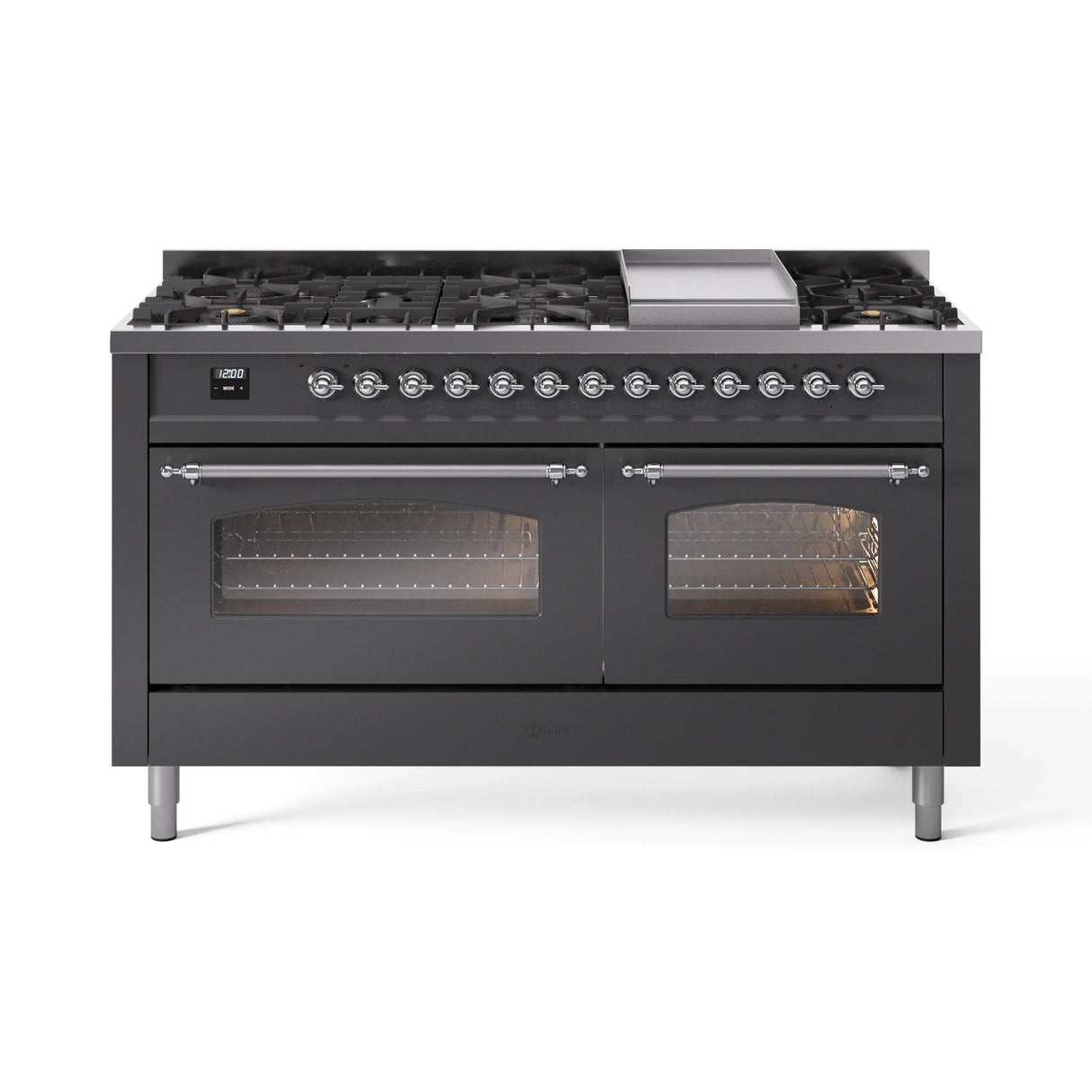 ILVE 60-Inch Nostalgie II Natural Gas Dual Fuel Range with 9 Burners, Griddle and Triple Glass Door Oven in Matte Graphite with Chrome Trim (UP60FNMPMGC)