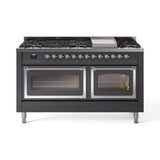 ILVE 60-Inch Nostalgie II Noblesse Propane Gas Dual Fuel Range with 9 Sealed Burners, Griddle, Triple Glass Door Oven in Matte Graphite with Chrome Trim (UN60FNMPMGCLP)