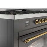 ILVE 60-Inch Nostalgie II Propane Gas Dual Fuel Range with 9 Burners, Griddle and Triple Glass Door Oven in Matte Graphite with Brass Trim (UP60FNMPMGGLP)