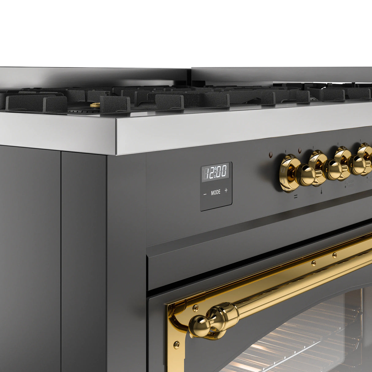 ILVE 60-Inch Nostalgie II Noblesse Propane Gas Dual Fuel Range with 9 Sealed Burners, Griddle, Triple Glass Door Oven in Matte Graphite with Brass Trim (UN60FNMPMGGLP)