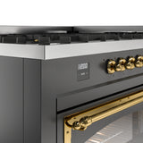 ILVE 60-Inch Nostalgie II Noblesse Propane Gas Dual Fuel Range with 9 Sealed Burners, Griddle, Triple Glass Door Oven in Matte Graphite with Brass Trim (UN60FNMPMGGLP)