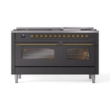 ILVE 60-Inch Nostalgie II Propane Gas Dual Fuel Range with 9 Burners, Griddle and Triple Glass Door Oven in Matte Graphite with Brass Trim (UP60FNMPMGGLP)