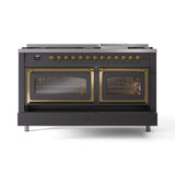 ILVE 60-Inch Nostalgie II Noblesse Propane Gas Dual Fuel Range with 9 Sealed Burners, Griddle, Triple Glass Door Oven in Matte Graphite with Brass Trim (UN60FNMPMGGLP)
