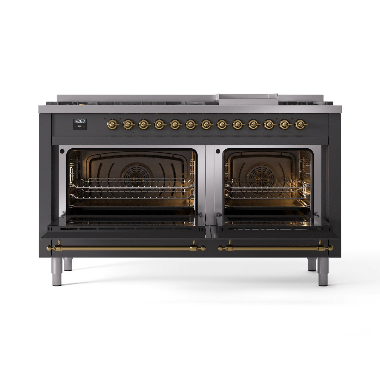 ILVE 60-Inch Nostalgie II Propane Gas Dual Fuel Range with 9 Burners, Griddle and Triple Glass Door Oven in Matte Graphite with Brass Trim (UP60FNMPMGGLP)