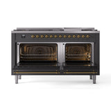 ILVE 60-Inch Nostalgie II Propane Gas Dual Fuel Range with 9 Burners, Griddle and Triple Glass Door Oven in Matte Graphite with Brass Trim (UP60FNMPMGGLP)