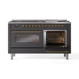 ILVE 60-Inch Nostalgie II Propane Gas Dual Fuel Range with 9 Burners, Griddle and Triple Glass Door Oven in Matte Graphite with Brass Trim (UP60FNMPMGGLP)