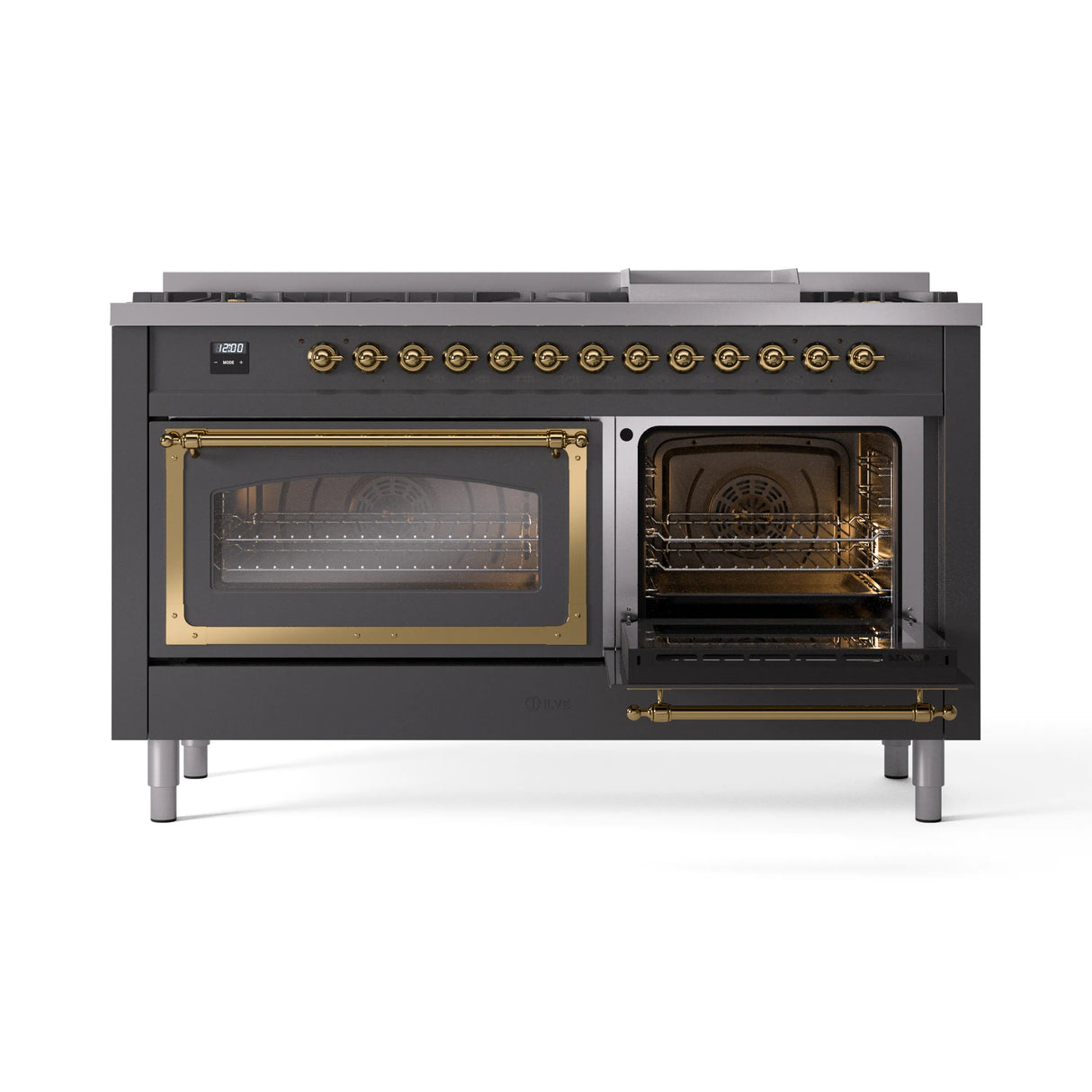 ILVE 60-Inch Nostalgie II Noblesse Propane Gas Dual Fuel Range with 9 Sealed Burners, Griddle, Triple Glass Door Oven in Matte Graphite with Brass Trim (UN60FNMPMGGLP)