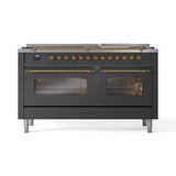 ILVE 60-Inch Nostalgie II Propane Gas Dual Fuel Range with 9 Burners, Griddle and Triple Glass Door Oven in Matte Graphite with Brass Trim (UP60FNMPMGGLP)