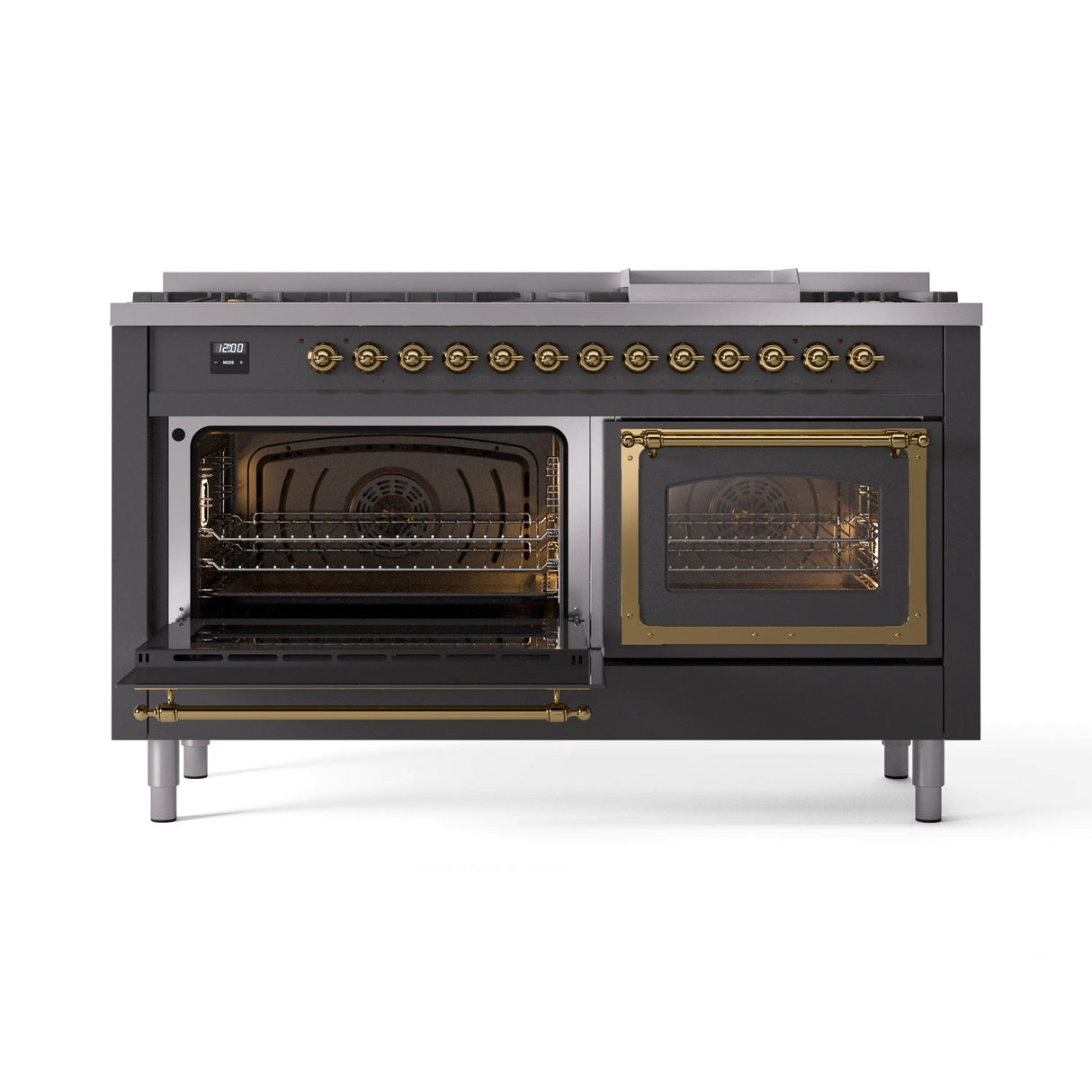 ILVE 60-Inch Nostalgie II Noblesse Propane Gas Dual Fuel Range with 9 Sealed Burners, Griddle, Triple Glass Door Oven in Matte Graphite with Brass Trim (UN60FNMPMGGLP)